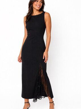 Vintage Algo Petite Black Maxi Gown with Illusion Lace Slit - Size 8